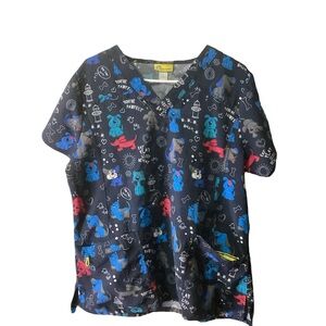 Wonder Wink Puppies 2 Pocket V-Neck Scrub Top Size Large